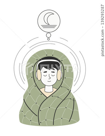 Sensory Friendly Sleep and Rest. Man Under Weighted Blanket in Headphones. Self-Regulation, Noise Reduction, Deep Pressure Therapy Concept. Moon in thought Bubble. Minimalist Vector Illustration. Sensory Friendly Sleep and Rest. Man Under Weighted Blanket in Headphones. Self-Regulation, Noise Reduction, Deep Pressure Therapy Concept. Moon in thought Bubble. Minimalist Vector Illustration. 139293287
