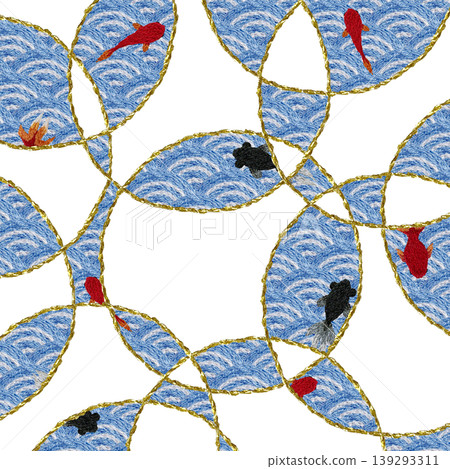 【日式背景裝飾，波浪圖案和金魚】手工刺繡插畫材料 139293311