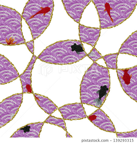 [Japanese-style background decoration with wave pattern and goldfish] Hand-embroidered illustration material 139293315