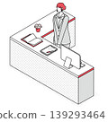 Isometric line drawing illustration of a female staff member standing at an L-shaped reception counter. 139293464