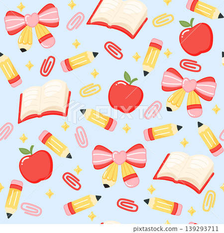 Cute back to school pencil bow apple book seamless pattern cartoon Cute back to school pencil bow apple book seamless pattern cartoon 139293711