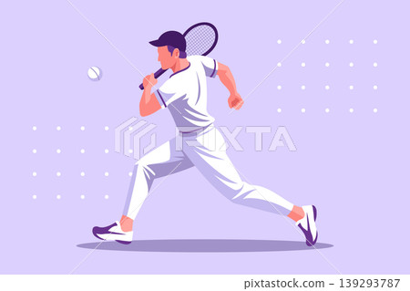 Tennis player in action. A man with a tennis racket hits a ball. Illustration. 139293787