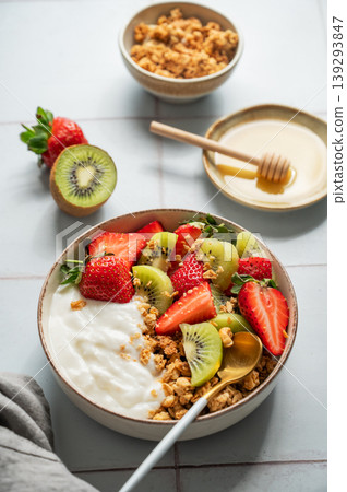 Healthy yogurt bowl with granola and fresh berries for clean eating diet Healthy yogurt bowl with granola and fresh berries for clean eating diet 139293847