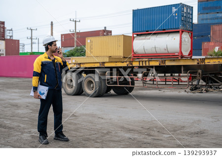 Engineers Inspect Cargo Shipment at Container Yard, Logistics Concept. 139293937