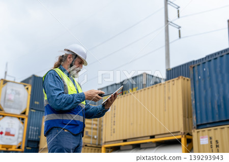 Engineers Inspect Cargo Shipment at Container Yard, Logistics Concept. Engineers Inspect Cargo Shipment at Container Yard, Logistics Concept. 139293943