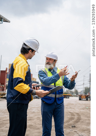 Engineers Inspect Cargo Shipment at Container Yard, Logistics Concept. Engineers Inspect Cargo Shipment at Container Yard, Logistics Concept. 139293949