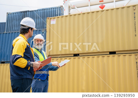 Engineers Inspect Cargo Shipment at Container Yard, Logistics Concept. 139293950