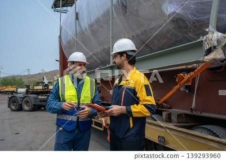 Engineers Inspect Cargo Shipment at Container Yard, Logistics Concept. Engineers Inspect Cargo Shipment at Container Yard, Logistics Concept. 139293960