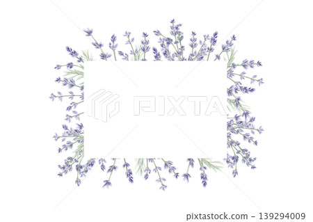 Watercolor lavender floral frame with purple sprigs. Hand drawn botanical rectangular border for wedding invitations, greeting cards and spa branding. Provence style illustration isolated on white. Watercolor lavender floral frame with purple sprigs. Hand drawn botanical rectangular border for wedding invitations, greeting cards and spa branding. Provence style illustration isolated on white. 139294009
