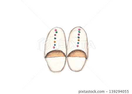 Hand-painted watercolor illustration of white babouche slippers Hand-painted watercolor illustration of white babouche slippers 139294055