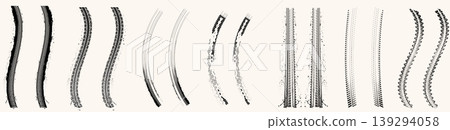 Collection of various black tire track marks. Grunge vehicle tread patterns isolated on white background Collection of various black tire track marks. Grunge vehicle tread patterns isolated on white background 139294058