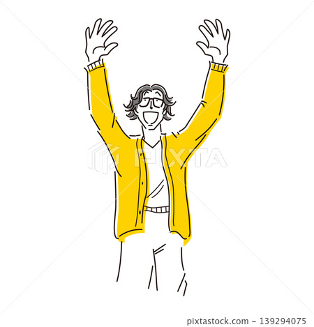 Illustration of the upper body of a man with his arms raised and smiling in joy. Illustration of the upper body of a man with his arms raised and smiling in joy. 139294075