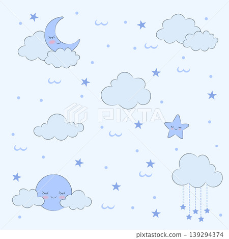 Neutral seamless pattern for children's room with stars, clouds and moon, blue background for children's room Neutral seamless pattern for children's room with stars, clouds and moon, blue background for children's room 139294374