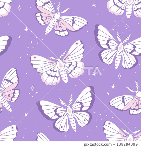 Seamless pattern of white night moths and stars on a purple background. Vector graphics. Seamless pattern of white night moths and stars on a purple background. Vector graphics. 139294399