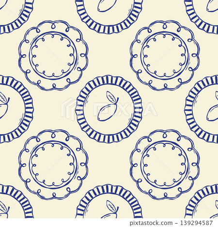 Seamless ceramic plate pattern with lemon mediterranean kitchen motif in hand drawn style Seamless ceramic plate pattern with lemon mediterranean kitchen motif in hand drawn style 139294587