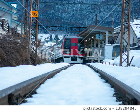 Nagano Electric Railway Snow Monkey train and Yudanaka Station platform 139294843
