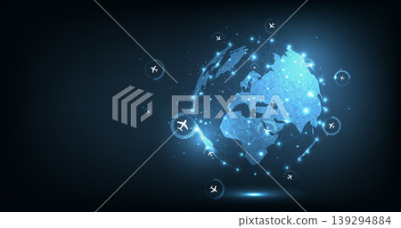 Airplane flies glowing 3D world map with interconnected travel routes. Airplane flies glowing 3D world map with interconnected travel routes. 139294884