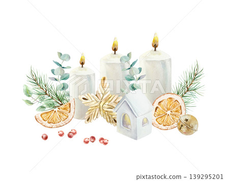 Christmas candles and a house shaped candlestick decorated with fir branches, dried orange, eucalyptus and a woven star. Hand drawn watercolor illustration. For New Years cards and invitations. Christmas candles and a house shaped candlestick decorated with fir branches, dried orange, eucalyptus and a woven star. Hand drawn watercolor illustration. For New Years cards and invitations. 139295201