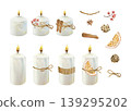 Candle set with decorative accessories, including cinnamon sticks, dried orange, a sprig of berries, pine cones and string. Hand drawn watercolor illustration. For New Years cards and invitations. 139295202