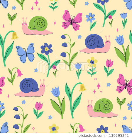 Seamless pattern with cute snails, butterflies, and flowers. Vector graphics. Seamless pattern with cute snails, butterflies, and flowers. Vector graphics. 139295241