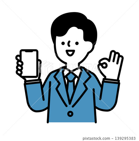 An illustration of a smiling man showing his smartphone while making an OK gesture. An illustration of a smiling man showing his smartphone while making an OK gesture. 139295383
