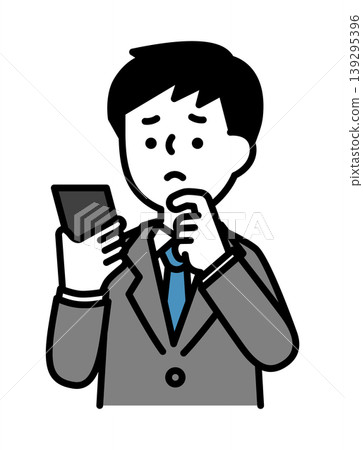 一幅插圖，描繪了一個男人憂心忡忡地看著他的智慧型手機。 139295396