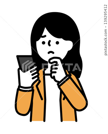 An illustration of a woman looking at her smartphone and worrying. 139295412