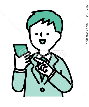 An illustration of a man smiling and using a smartphone. 139295463