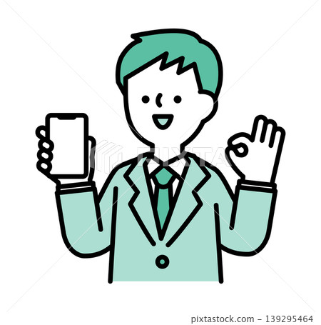 An illustration of a smiling man showing his smartphone while making an OK gesture. 139295464