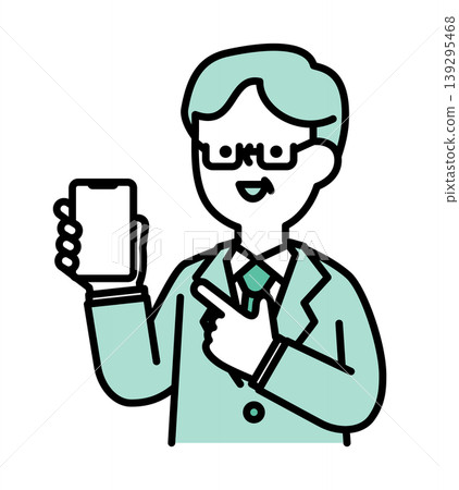 An illustration of a smiling senior man pointing at his smartphone. An illustration of a smiling senior man pointing at his smartphone. 139295468