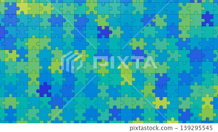 Blue-green colorful puzzle pieces 3D rendering background Blue-green colorful puzzle pieces 3D rendering background 139295545