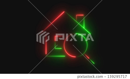 Glowing neon house icon with magnifying glass for search. A vibrant glowing neon house icon paired with a magnifying glass symbol, representing real estate search, and digital home browsing. 139295717