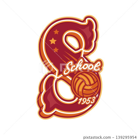 Varsity sport team club patch red letter S, college label. School sport varsity league symbol, volleyball team vector print. College club patch with volleyball ball, retro typography emblem Varsity sport team club patch red letter S, college label. School sport varsity league symbol, volleyball team vector print. College club patch with volleyball ball, retro typography emblem 139295954