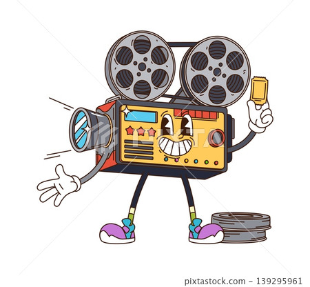 Cinema and movie film camera cartoon groovy character. Movie entertainment groovy character, filmmaking vector mascot. Cinematography production retro camera happy personage holding ticket 139295961