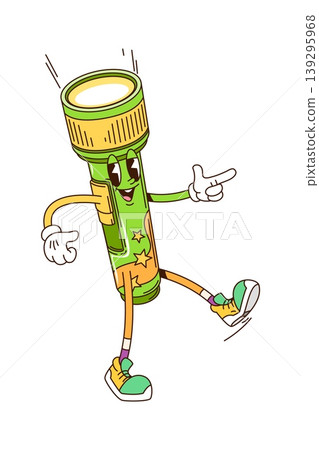 Cartoon groovy flashlight torch funky character with funny face, vector travel or camping object. Groovy flashlight lantern character smiles with cool gesture and good mood walking in hipster shoes Cartoon groovy flashlight torch funky character with funny face, vector travel or camping object. Groovy flashlight lantern character smiles with cool gesture and good mood walking in hipster shoes 139295968