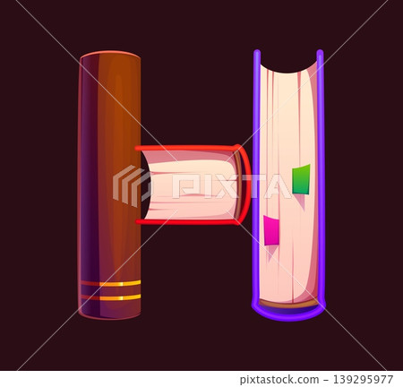 Education book cartoon alphabet font, typeface letter H. Library type element, literature novel typeset vector font symbol. Bookstore bestseller book English alphabet letter 139295977