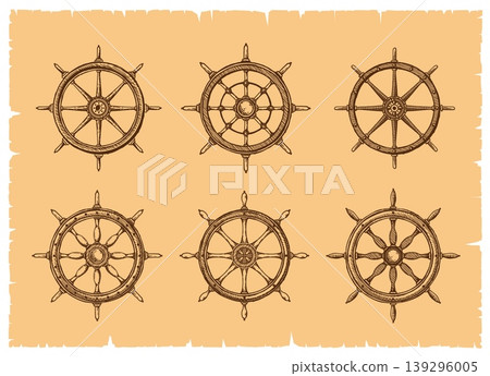 Ship steering wheels or rudders and helm sketches geographic map elements, vector icons. Ancient ship helm and sailboat rudder or steering wheel in engraving etching for pirate marine map Ship steering wheels or rudders and helm sketches geographic map elements, vector icons. Ancient ship helm and sailboat rudder or steering wheel in engraving etching for pirate marine map 139296005