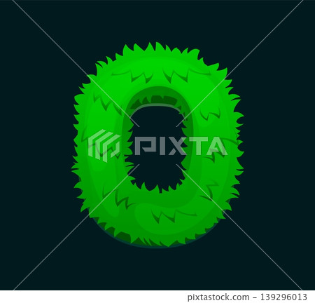 Cartoon soccer field grass font type number 0 zero. Ball game match font numeral symbol, sport game typography vector figure. Soccer league typeface number or european football sport type digit 139296013