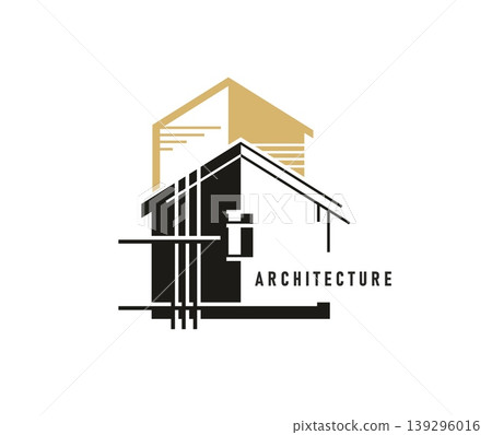 Building construction and repair icon, architecture service sign. Architecture project agency vector sign, building construction icon. Renovation business emblem with black and golden abstract house Building construction and repair icon, architecture service sign. Architecture project agency vector sign, building construction icon. Renovation business emblem with black and golden abstract house 139296016