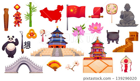 Chinese holiday, travel and culture icons and symbols of China, vector landmarks. Beijing Temple of Heaven, terracotta army warrior and Buddha statue with bamboo, lotus and Chinatown firecrackers Chinese holiday, travel and culture icons and symbols of China, vector landmarks. Beijing Temple of Heaven, terracotta army warrior and Buddha statue with bamboo, lotus and Chinatown firecrackers 139296020