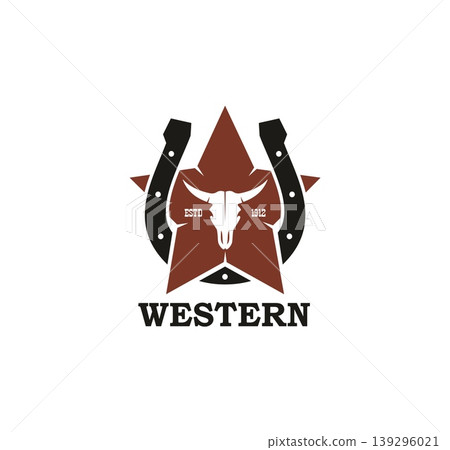 Western and Wild West rodeo icon or badge. American sheriff symbol, US history isolated vector emblem. Texas Western sign or USA Wild West icon with horseshoe, bull skull and five point star Western and Wild West rodeo icon or badge. American sheriff symbol, US history isolated vector emblem. Texas Western sign or USA Wild West icon with horseshoe, bull skull and five point star 139296021