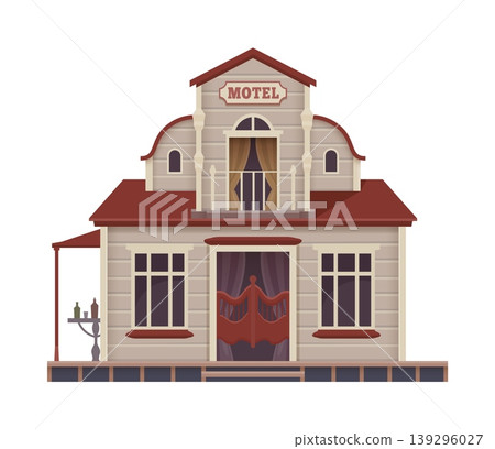 Western town motel cartoon building. American Western town home porch, US Wild West city vector two storey building. USA ancient motel or hotel house facade or Texas history wooden construction 139296027