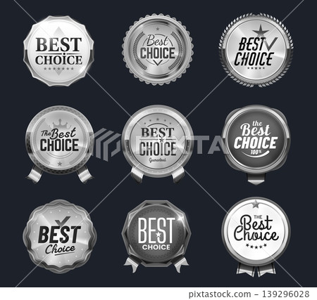 Best choice silver labels, badges, award seals and luxury tags. Best choice product silver vector badge, certificate platinum seal. Quality guarantee premium tag with laurel wreath, ribbon and text 139296028