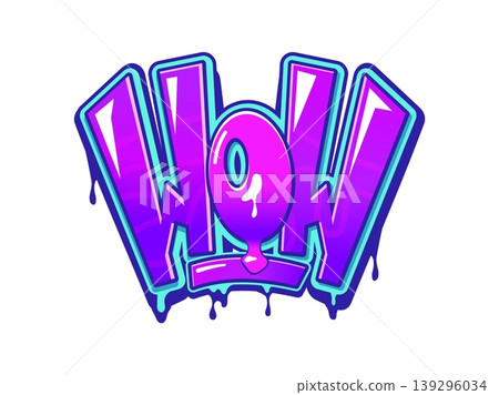 Wow street graffiti, urban wall painting typography. Urban wow graffiti artwork, ghetto airbrush vector tag. Hip Hop culture wall cool spray or street drawing with purple letters and dripping paint Wow street graffiti, urban wall painting typography. Urban wow graffiti artwork, ghetto airbrush vector tag. Hip Hop culture wall cool spray or street drawing with purple letters and dripping paint 139296034
