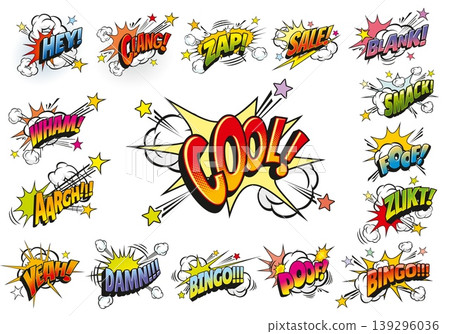 Comic pop art sound effect vector speech bubbles explode with words cool or hey zap, smack and bingo surrounded by motion streaks. Comic speech bubbles burst or spark shapes of wham and damn sound Comic pop art sound effect vector speech bubbles explode with words cool or hey zap, smack and bingo surrounded by motion streaks. Comic speech bubbles burst or spark shapes of wham and damn sound 139296036