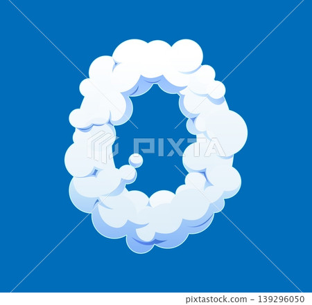 Cartoon white cloud font number 0 zero. White smoke font figure, fluffy cloud type isolated vector digit. White mist typeface number or heaven cloudy sky typography numeral symbol 139296050