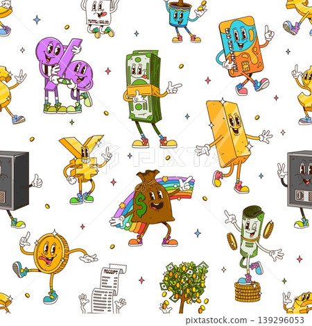 Cartoon groovy hippie business and finance characters seamless pattern. Seamless pattern, vector print with dollar bills, credit card, golden bar and coins, safe, currency symbols groovy characters Cartoon groovy hippie business and finance characters seamless pattern. Seamless pattern, vector print with dollar bills, credit card, golden bar and coins, safe, currency symbols groovy characters 139296053