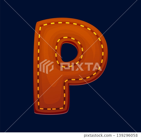 Cartoon patch font motley brown letter P, patchwork typeface, ABC English clubber patch alphabet type. Patchwork typeface, textile font type. Fabric typeset with yellow thread seam 139296058