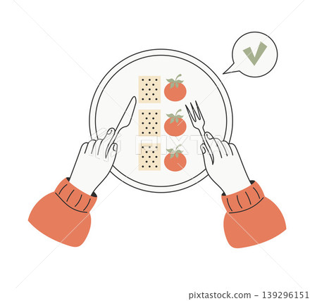 Neurodiversity ARFID Concept. Top View of Hands Holding Knife and Fork Over Plate with Symmetrical Food. Identical Crackers and Tomatoes in Row. Sensory Eating Habits. Minimalist Vector Illustration. 139296151