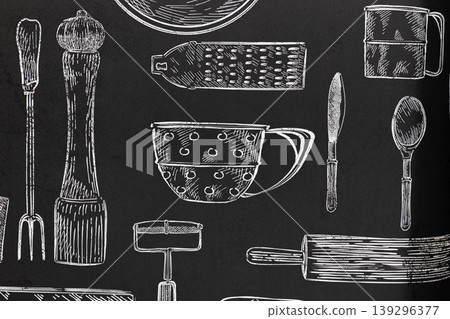 Hand drawn kitchen utensils on black chalkboard background Hand drawn kitchen utensils on black chalkboard background 139296377